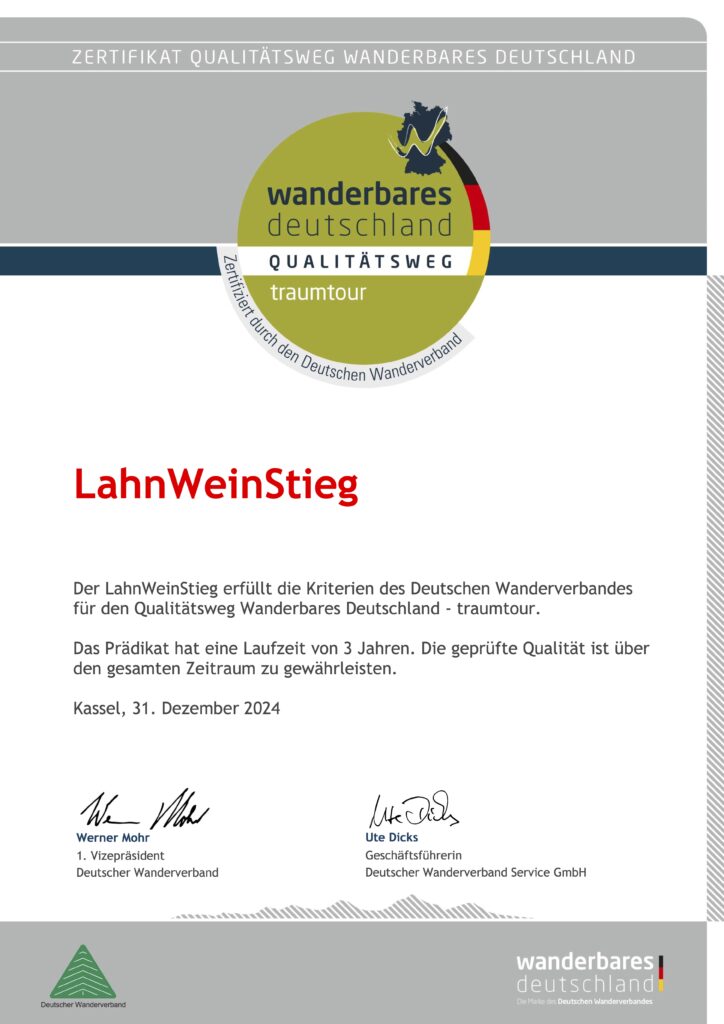 Urkunde Zertifizierung LahnWeinStieg